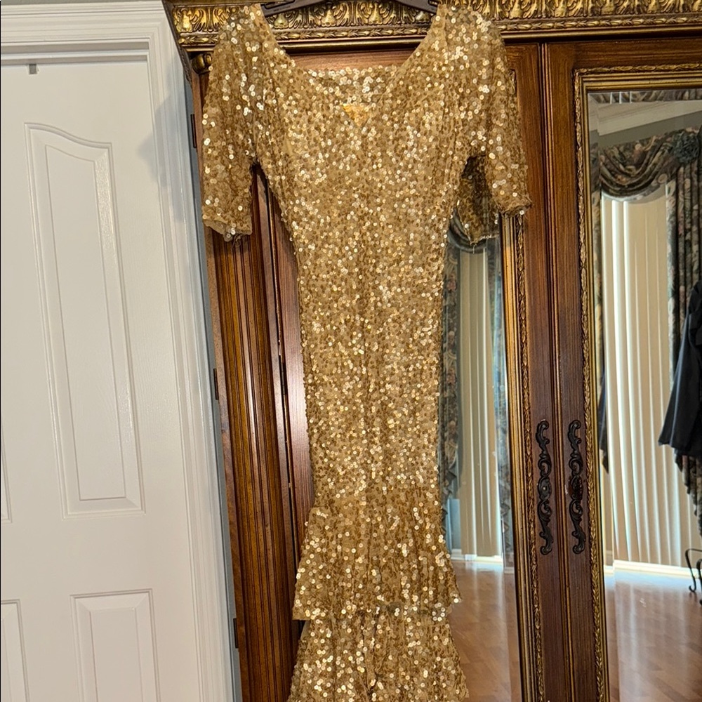 Gold Sequin Embellished Gown with Puff Sleeves